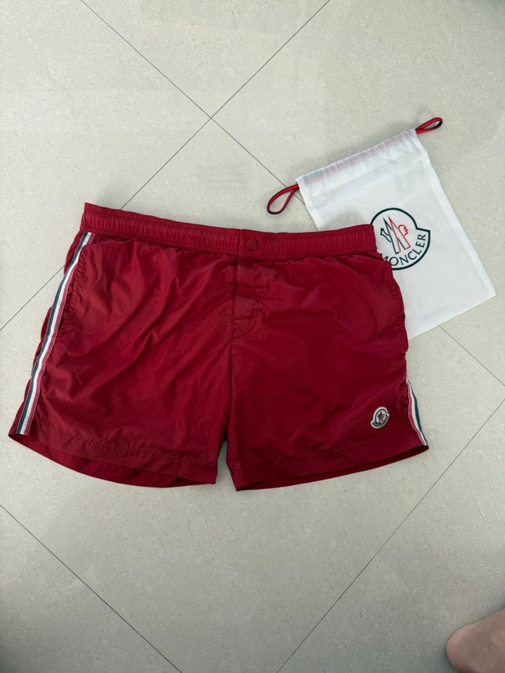 Moncler Men's Red Swim Shorts with Tricolor Trim Large